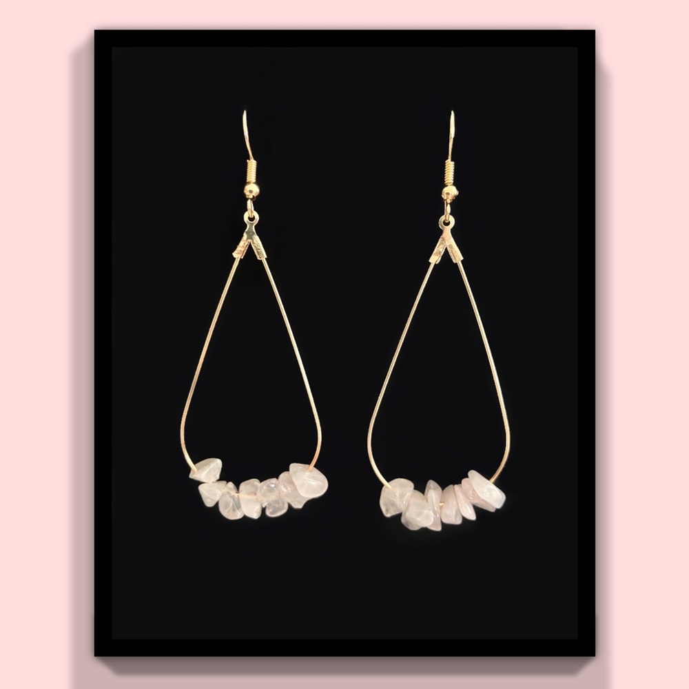 Gold Tear Drop Hoop Earrings w/ Rose Quartz gems